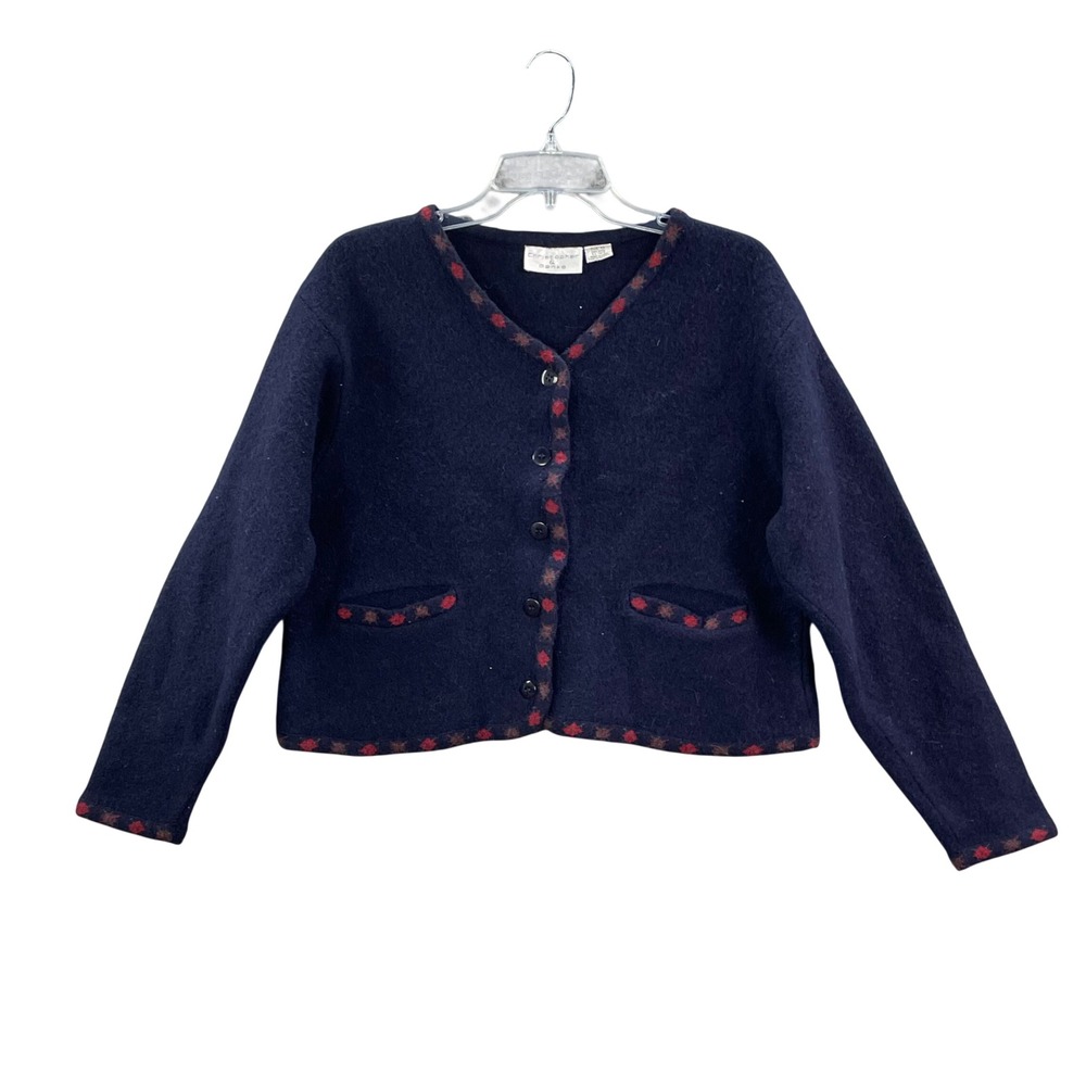 Christopher & Banks Cardigan Womens XL Navy Wool Argyle Trim Preppy Academia 90s